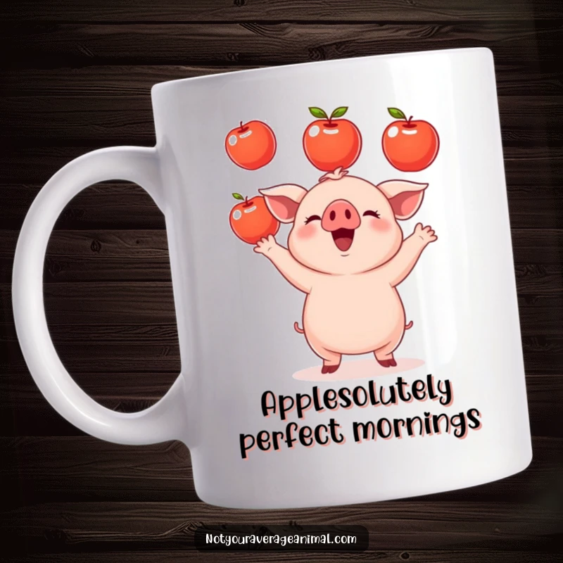 Funny small round piglet mug showing an excited piglet enthusiastically juggling three shiny apples with a happy expression. A cute farm gift.