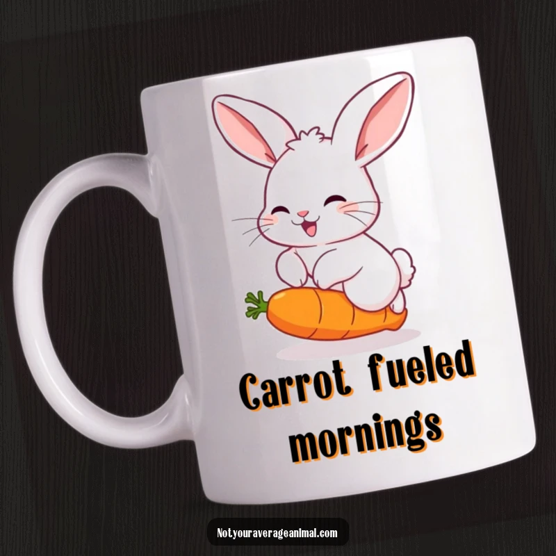 Funny mug with a fluffy rabbit, big ears, joyfully hopping over a comically bouncing carrot, embodying pure delight.