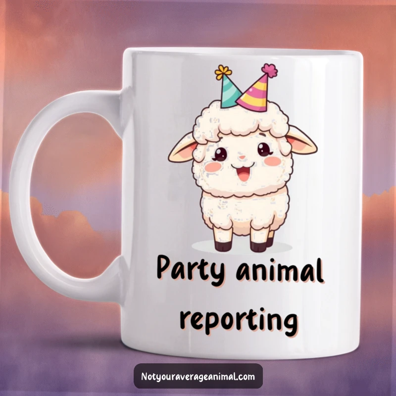 Funny sheep mug featuring a fluffy sheep wearing a party hat and cheerfully bleating, embodying pure, festive joy.
