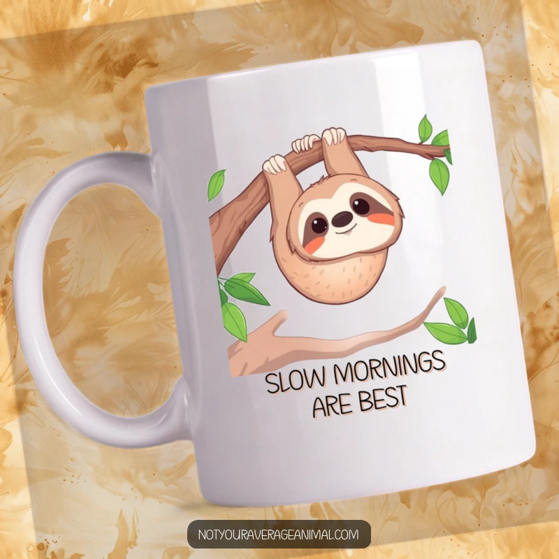 Funny mug: A curious and happy sloth hangs upside down from a tree branch, smiling contentedly.