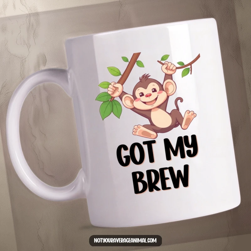Funny monkey mug showing a silly monkey grinning widely as it swings energetically from a jungle vine.