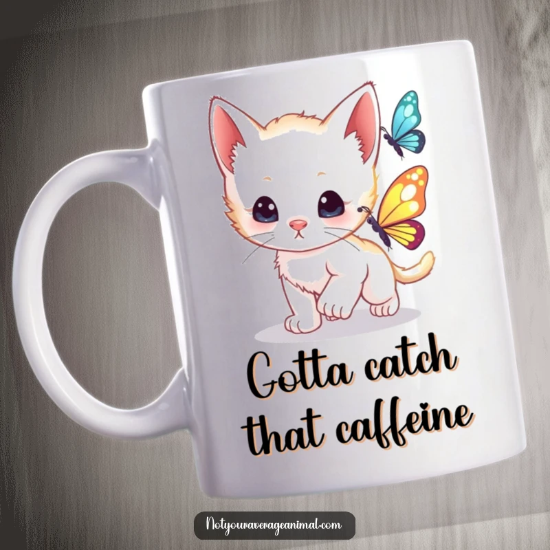 Funny curious kitten playfully chasing a shimmering butterfly, captured mid-pounce on this mug.