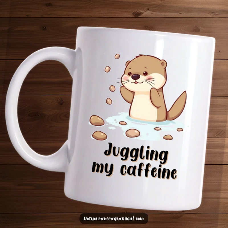 Funny Otter Mug showing a curious otter character expertly juggling shiny pebbles while swimming in the water, looking pleased.