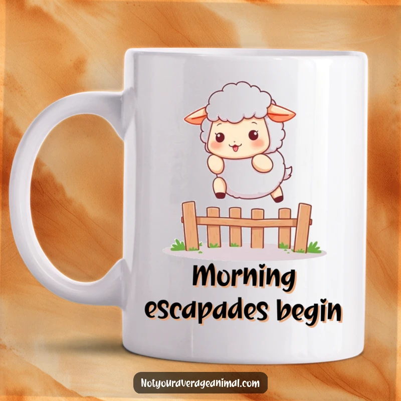 Funny mug depicting a fluffy sheep character playfully leaping over a small fence, perfect for farm lovers and coffee drinkers.