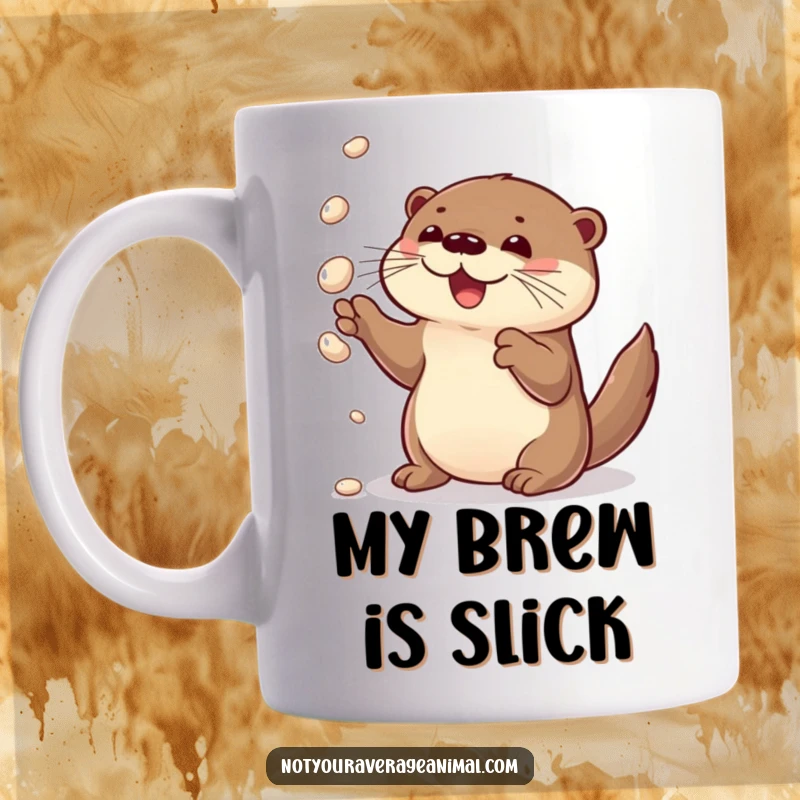 Funny mug featuring a curious otter delightedly juggling shiny pebbles with great concentration and joy.