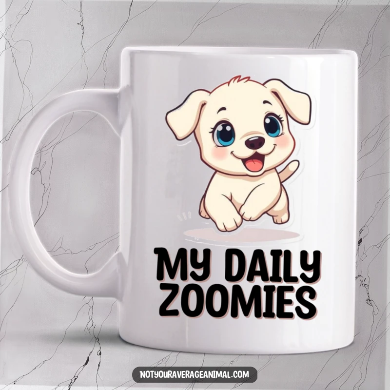 Funny puppy mug featuring a small dog with wide, excited eyes, hilariously chasing its own tail in a dizzying circle.