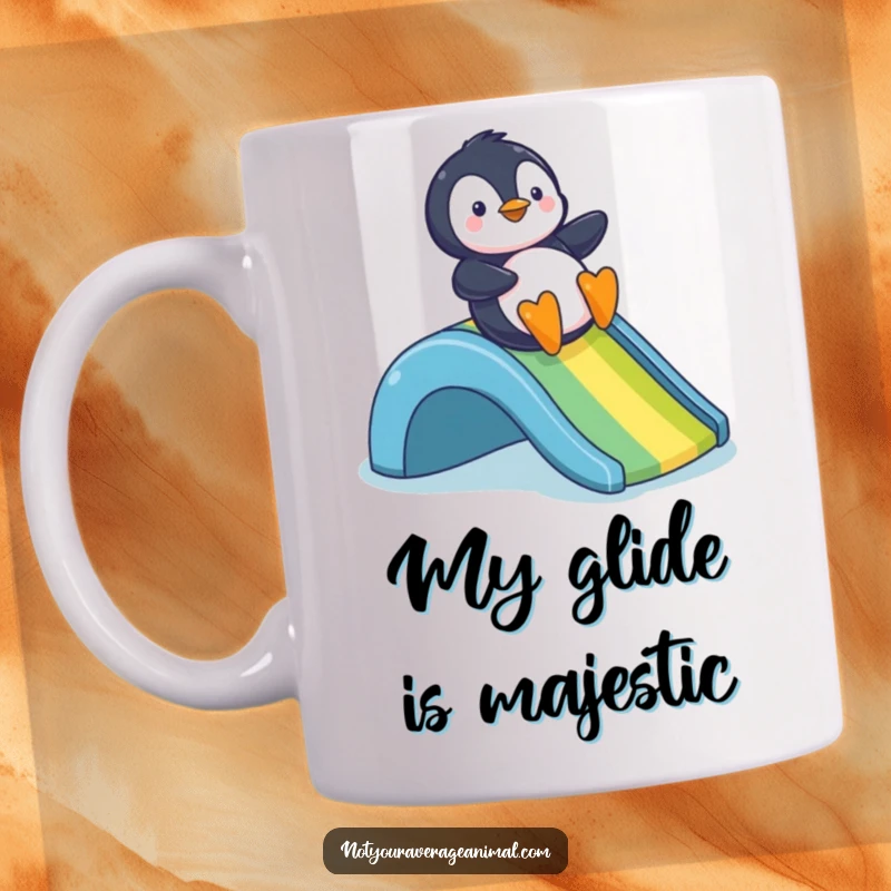 Funny mug featuring a happy penguin joyfully sliding down a vibrant rainbow slide, spreading cheer and laughter.