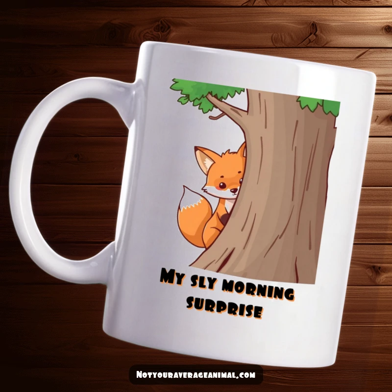 Funny fox mug with a bushy tail playfully peeking from behind a tree, capturing a mischievous woodland spirit for a delightful gift.