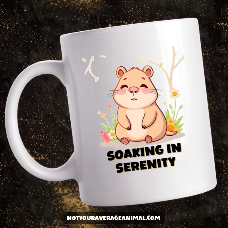 Funny capybara mug featuring a happy character blissfully sitting in a warm spring, radiating peace and contentment.