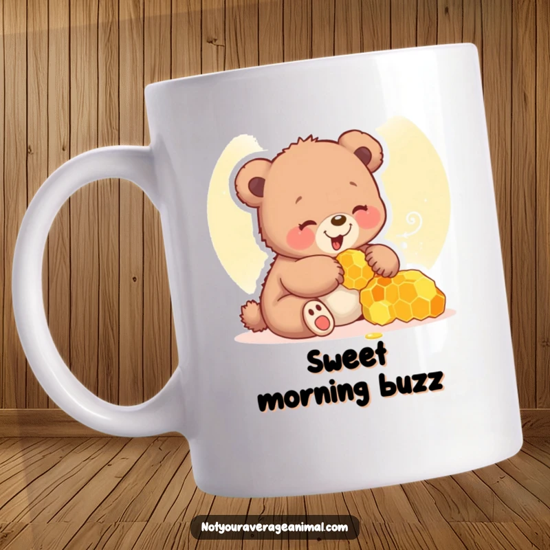 Funny bear cub mug featuring a happy cub giggling while playing with a dripping honeycomb, full of joy.