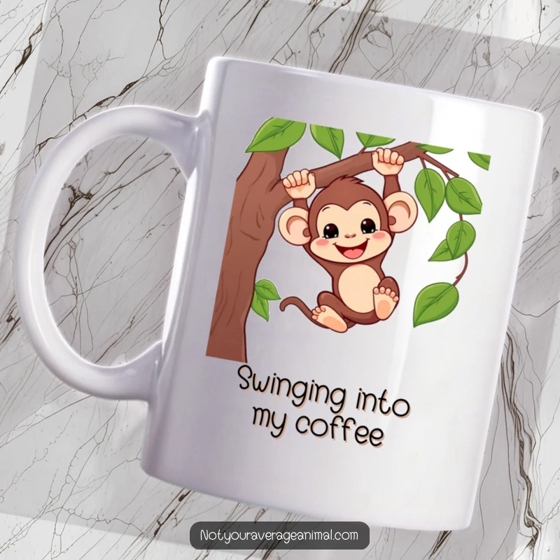 Funny mug depicting a silly monkey enthusiastically swinging from a vine with a wide, joyful grin.