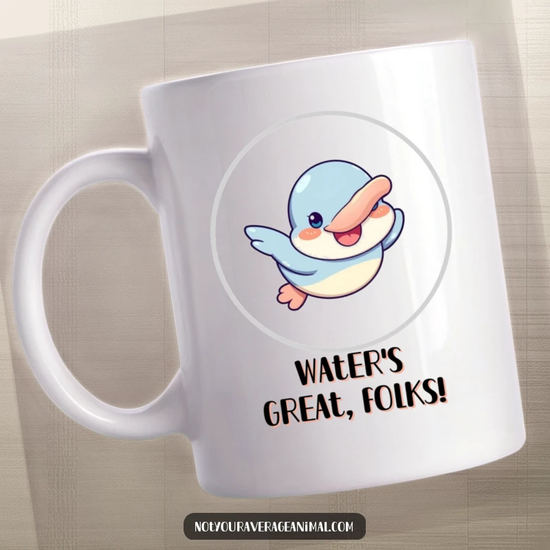 Funny mug featuring a goofy platypus character joyfully swimming with a wide, happy smile, radiating pure delight.