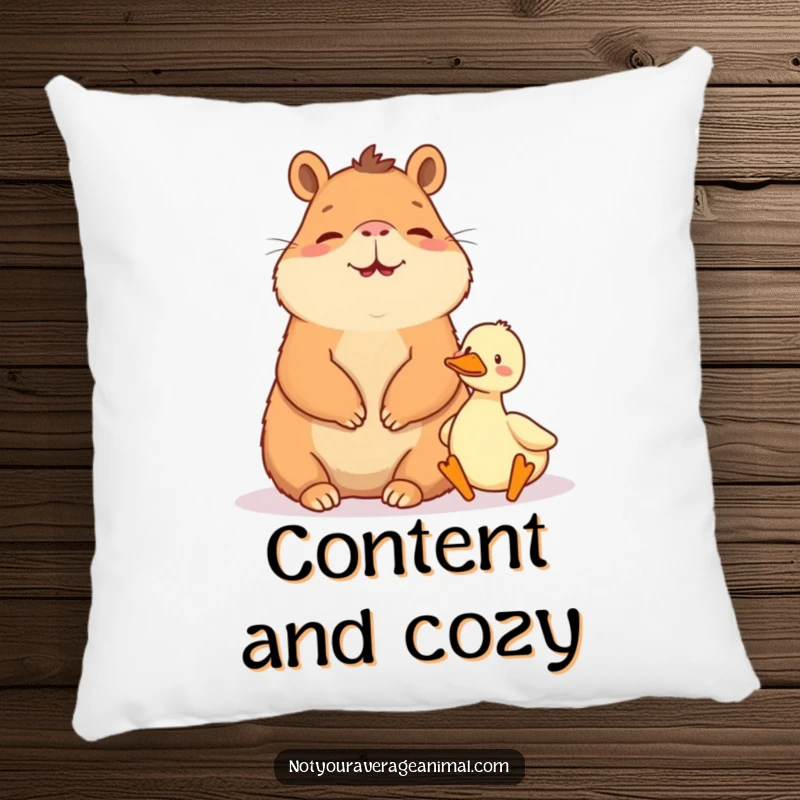 Funny pillow: A giggling capybara sits peacefully beside a small duck, radiating calm.