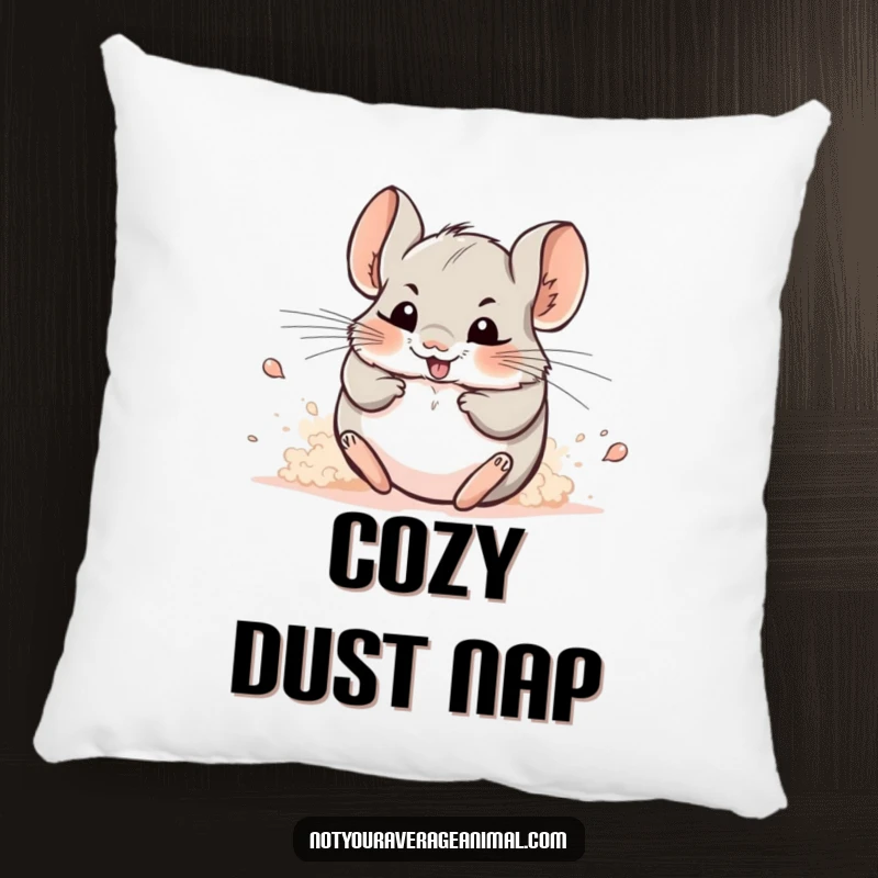 Funny pillow: A joyful chinchilla rolls in a cloud of dust, radiating happiness and fluffiness.