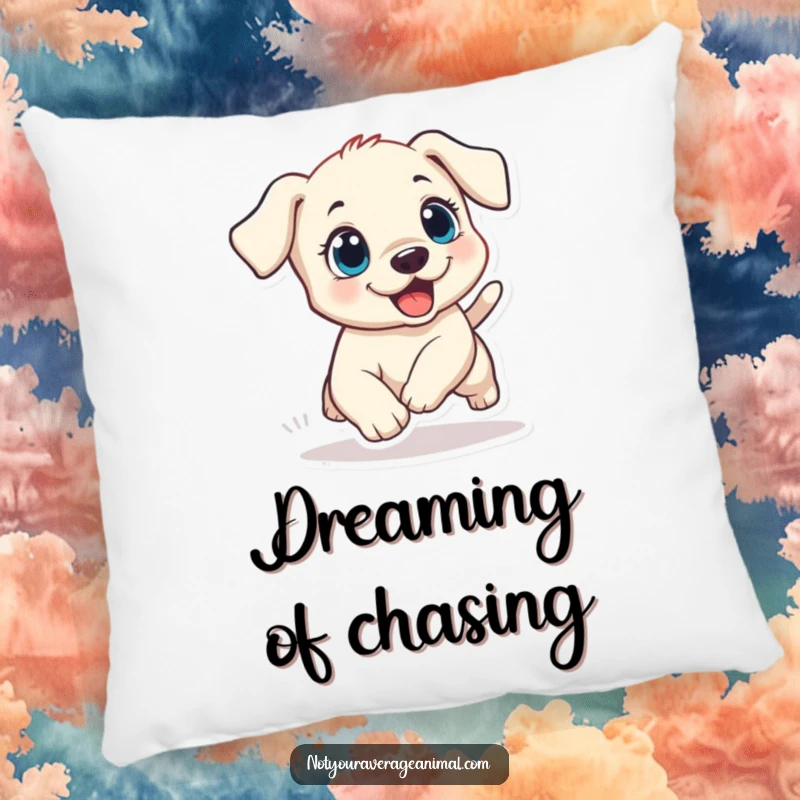 Funny puppy pillow with a small dog with wide, excited eyes, comically chasing its tail, offering comfort and playful decor.