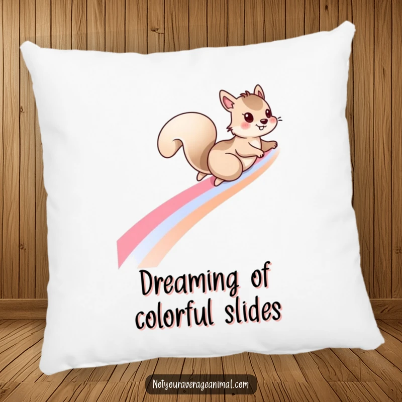 Funny squirrel pillow with a mischievous squirrel sliding down a rainbow, offering soft comfort and a whimsical, playful aesthetic.