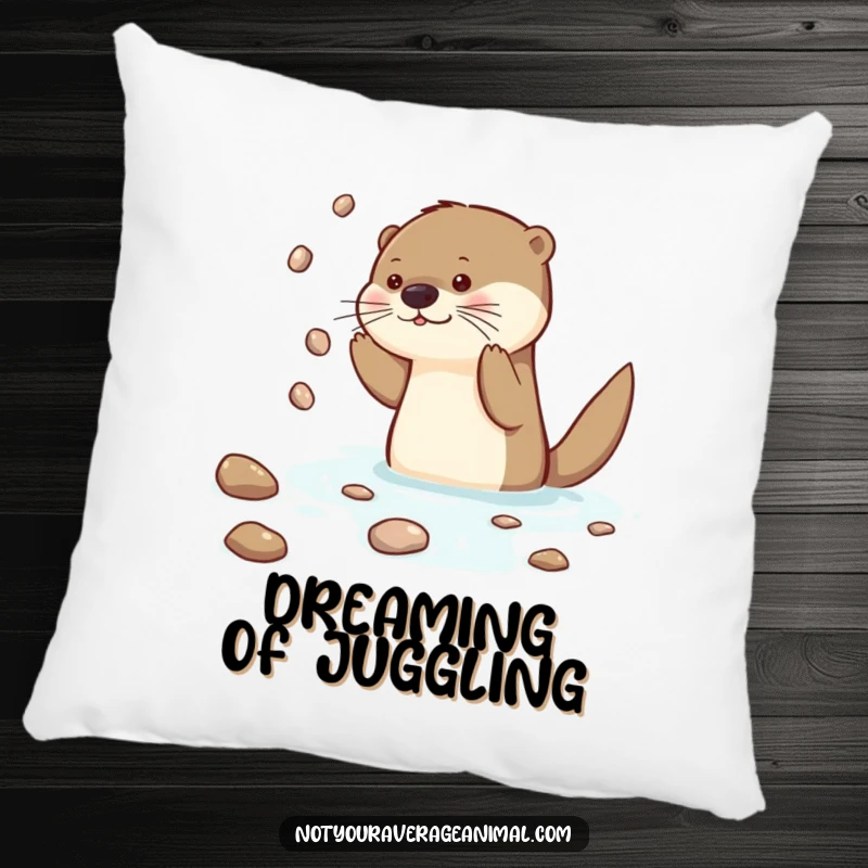 Funny Otter Pillow featuring a curious otter character juggling shiny pebbles with a playful expression, adding cozy humor.
