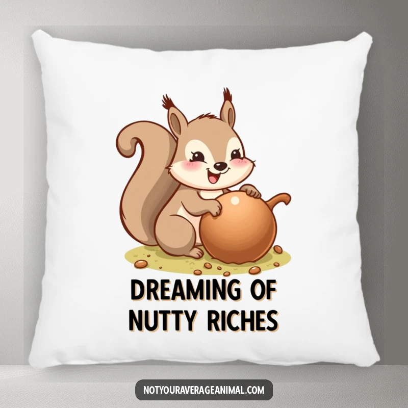 Funny decorative pillow featuring a content squirrel burying a gigantic acorn, offering a soft and humorous touch to any living space.