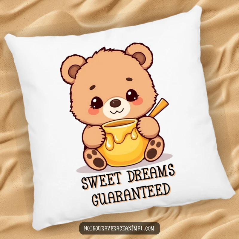 Funny Pillow showcasing a cute, fuzzy bear cub with a sweet smile, hilariously hugging a honey pot, offering soft comfort.