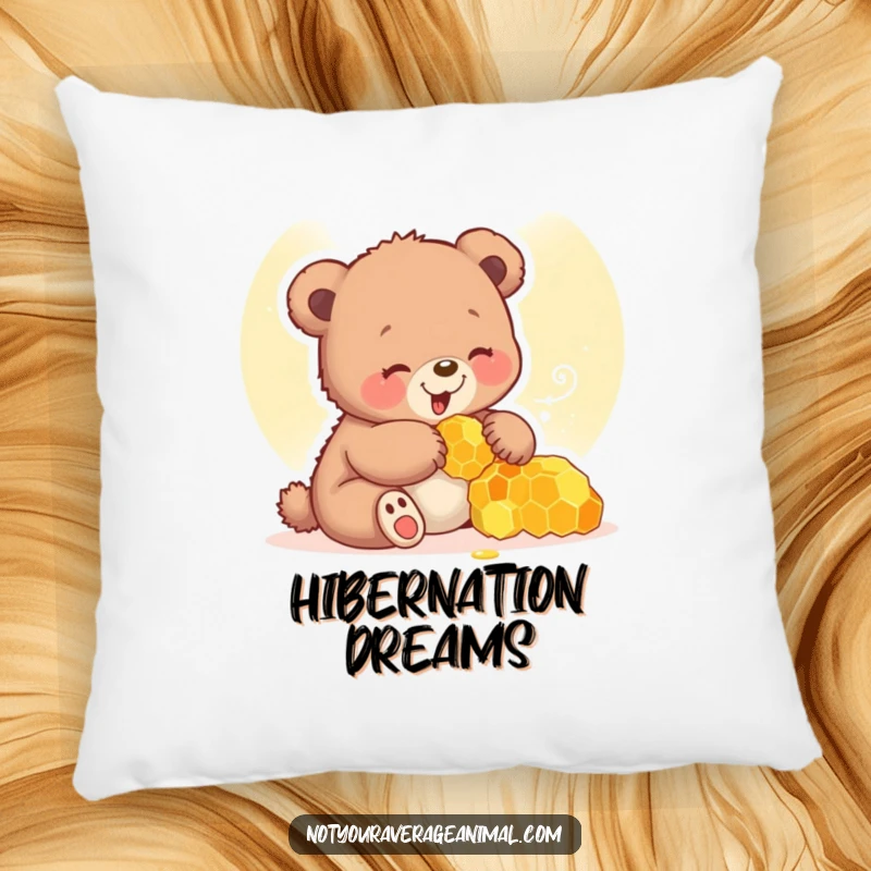 Funny bear cub pillow featuring a happy cub giggling while playing with a honeycomb, perfect for hugs.