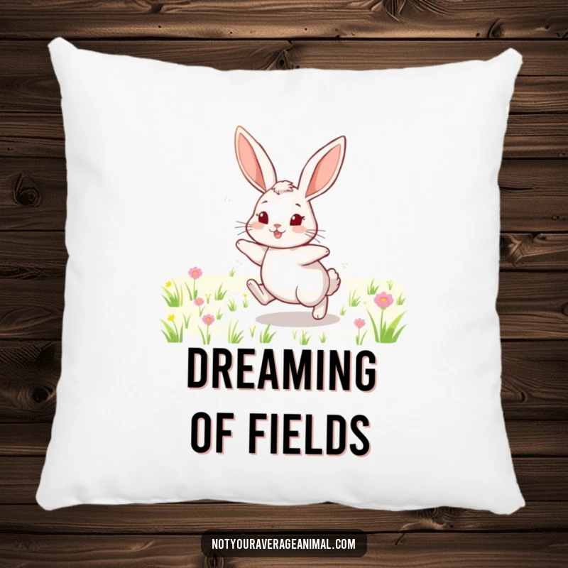 Funny pillow featuring a cheerful rabbit with long ears, hopping through a field, creating a scene of peaceful, natural joy.
