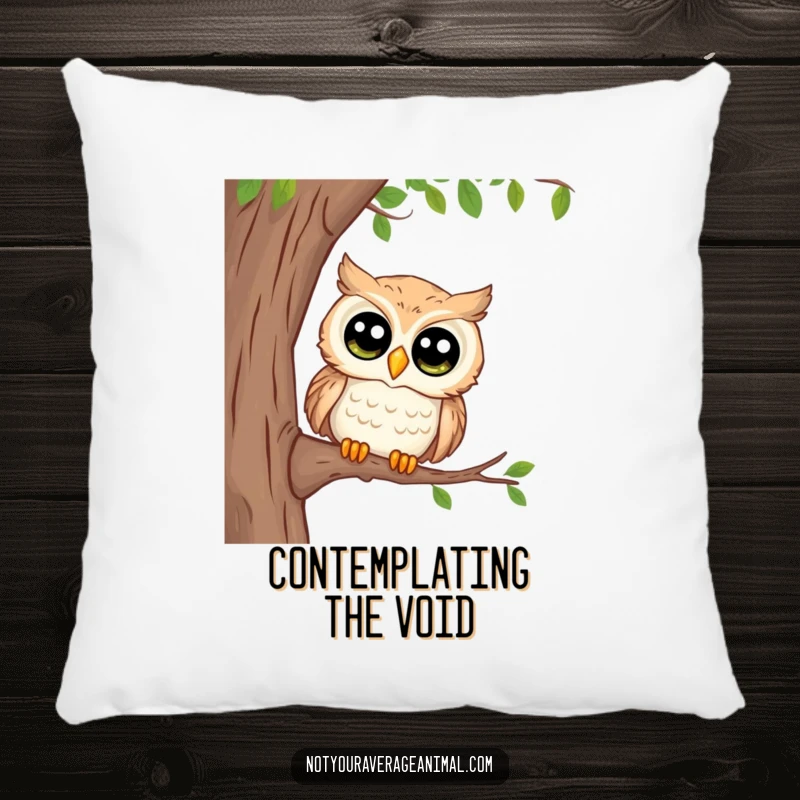 Funny decorative pillow featuring a curious owl with large eyes peeking from a branch, offering soft comfort and a touch of knowing wisdom.