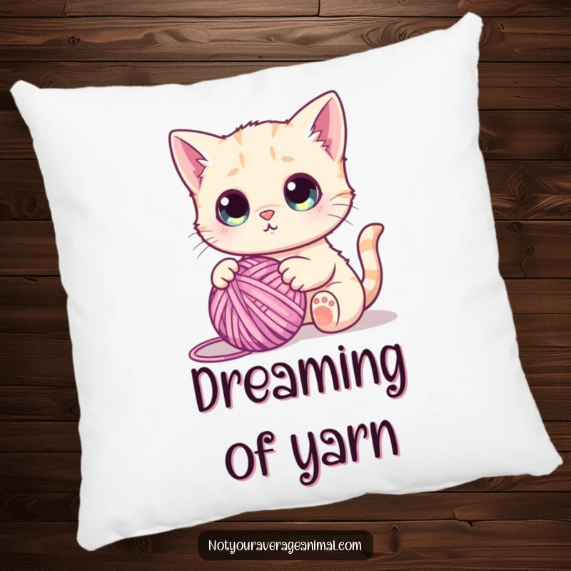 Funny pillow featuring a cute cat with wide, mesmerized eyes, playing with a colorful ball of yarn, creating a heartwarming scene.