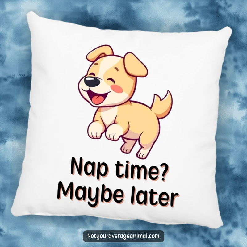 Funny dog pillow featuring a happy dog wagging its tail and barking, perfect for cozying up.