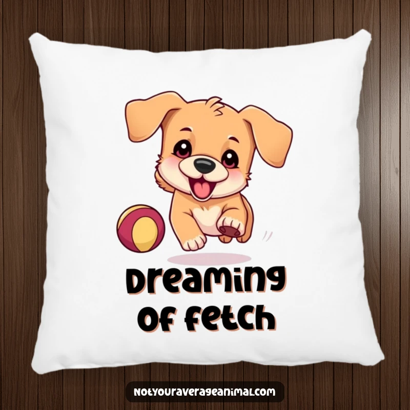 Funny Pillow showcasing a playful dog with floppy ears, hilariously chasing a bouncing ball, offering soft comfort and a cheerful vibe.