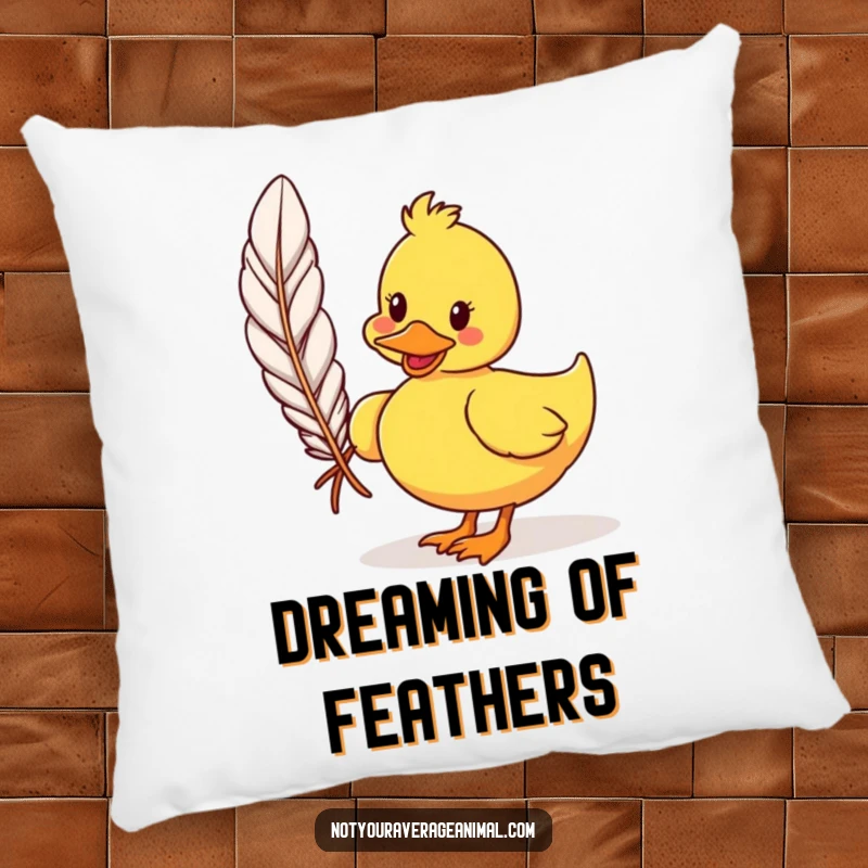 Funny cartoon duck pillow showing a silly duck waddling with a large feather, perfect for adding comfort and a humorous touch. Home decor.