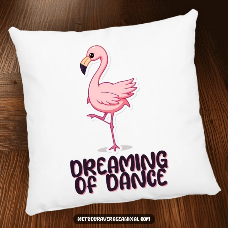 Soft pillow showcasing a funny flamingo character dancing with one leg raised, ideal for cozy fun and a cute funny gift.