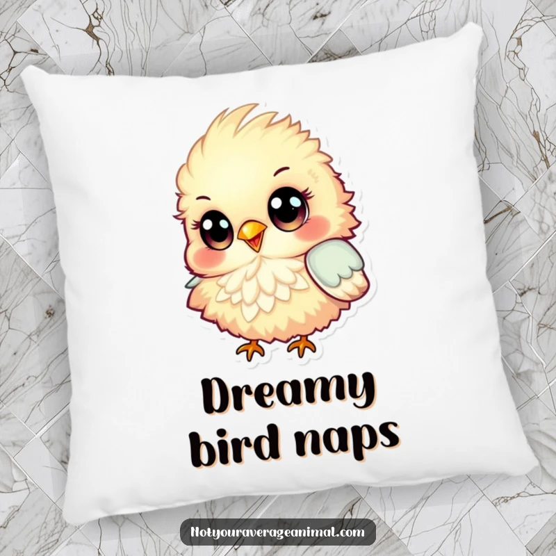 Funny Pillow showcasing a fluffy, colorful bird with big, round eyes, happily chirping, offering soft comfort and a cheerful vibe.