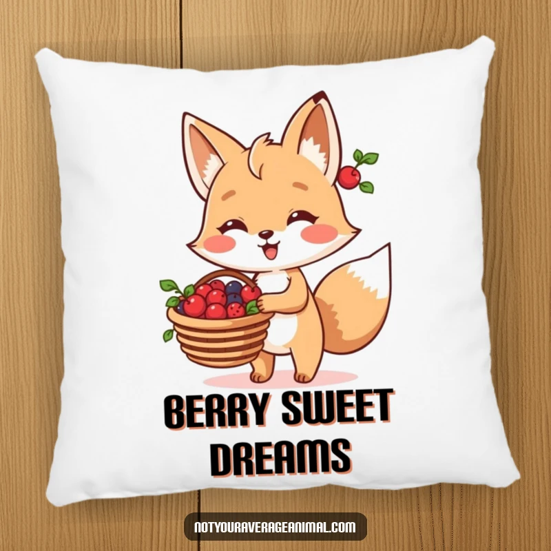 Funny Fox Pillow featuring a cheerful fox character holding a basket of berries, offering comfort and woodland charm.