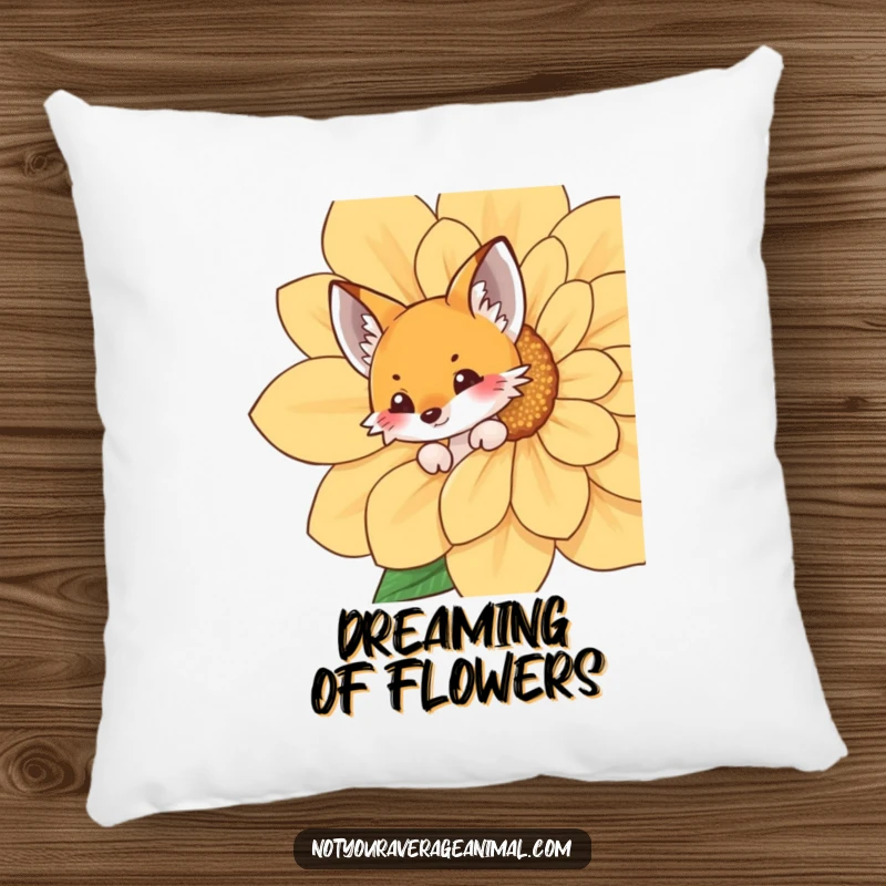 Funny fox pillow with a playful fox peeking from behind a large flower, offering soft comfort and a charming woodland aesthetic.