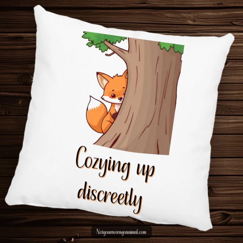 Funny fox pillow featuring a playful bushy tail peeking out from behind a tree, offering soft, humorous, and cozy decorative comfort.