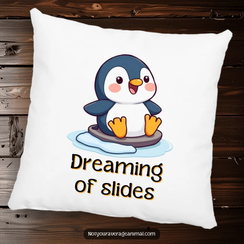 Funny happy penguin pillow showing a character joyfully sliding on ice, adding comfort and humor.