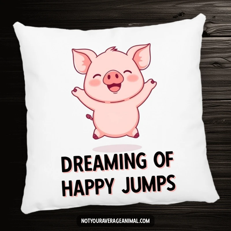 Funny Jumping Piglet Pillow, a soft and cuddly cushion featuring a round, pink piglet jumping with ears flapping in delight.