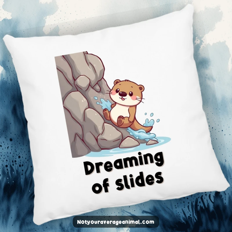 Funny pillow: A playful otter slides down a rocky slope, splashing joyfully.