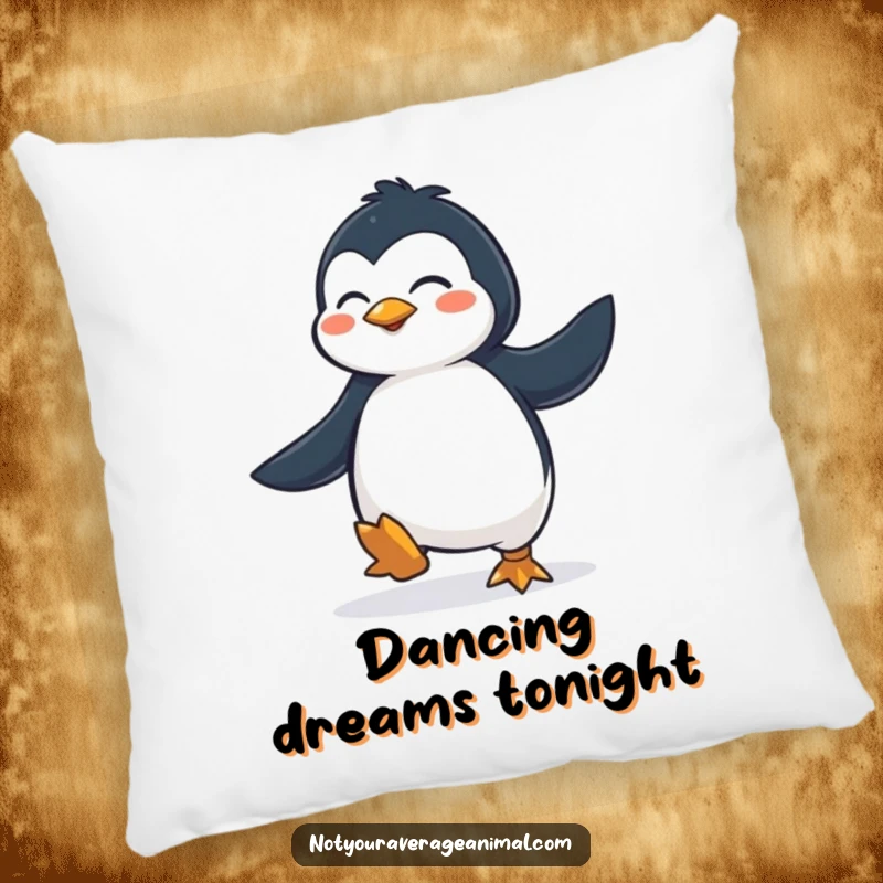Funny Pillow: A fluffy penguin determinedly performing a joyful jig, adding a splash of animated fun.