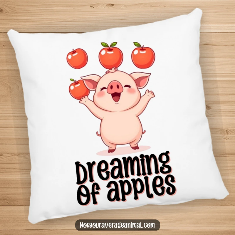 Funny small round piglet pillow showing a cheerful piglet juggling shiny apples, perfect for adding comfort and a humorous farm touch. Home decor.