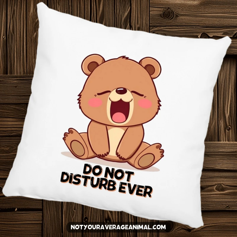 Funny pillow with a sleepy brown bear cub mid-yawn, looking utterly exhausted. Great for naps and decor.
