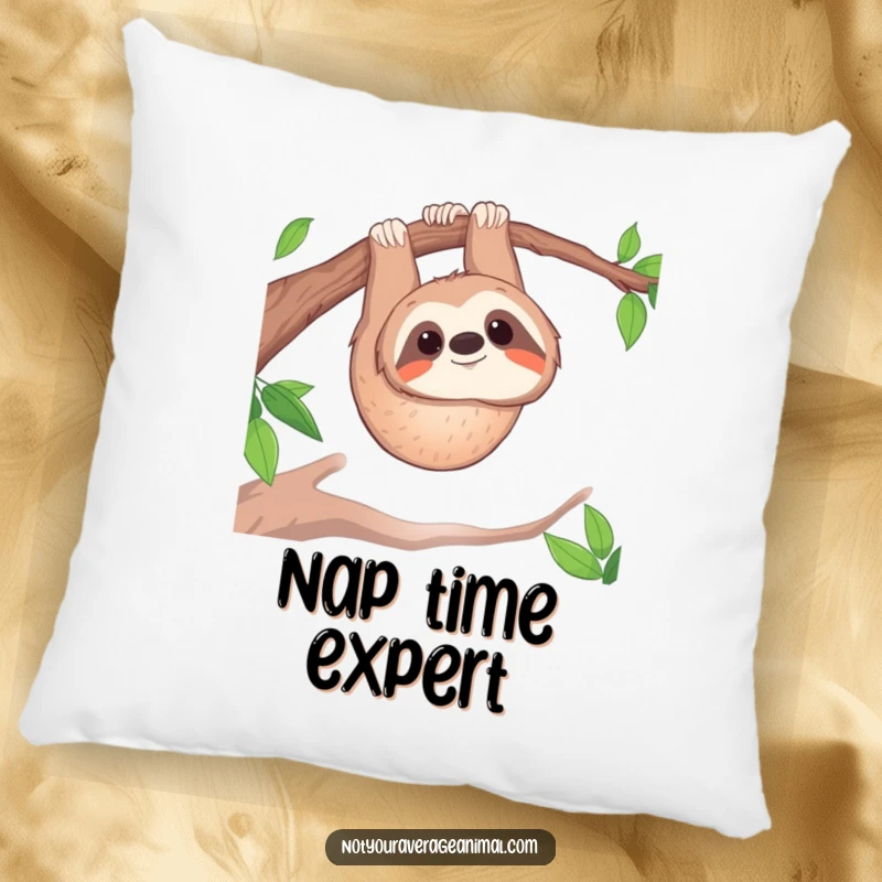 Funny pillow: A smiling sloth hangs upside down from a branch, offering a cozy and humorous vibe.