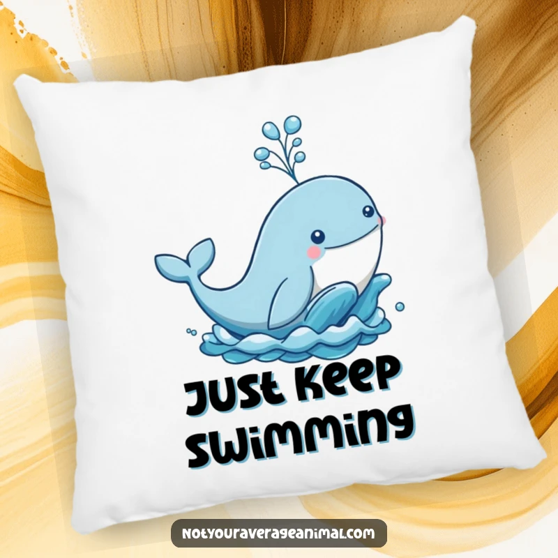 Funny pillow depicting a cheerful whale breaching the ocean waves and spraying a large spout of water, soft and humorous decor.