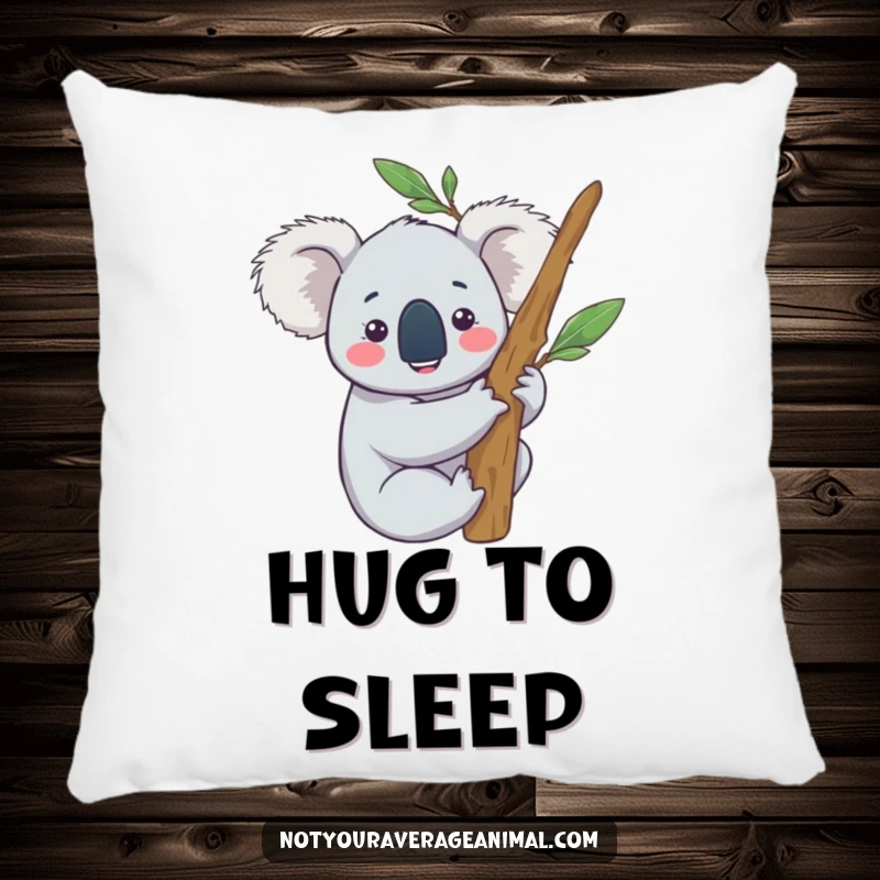 Funny pillow featuring a content koala character happily hugging a eucalyptus branch, perfect for adding cozy relaxation.