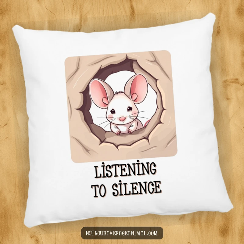Funny pillow featuring a small mouse with oversized ears peeking from its dwelling, providing soft comfort and humorous appeal.