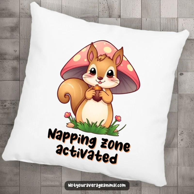 Funny Squirrel Pillow: A curious squirrel peeks from a mushroom, acorn in paw, offering comfort and a touch of woodland humor.