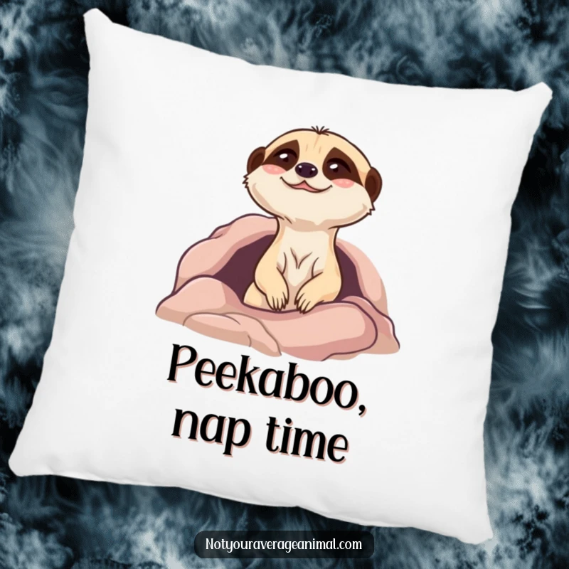 Funny meerkat pillow with a giggling character peeking from its burrow, adding a touch of playful decor and comfort.