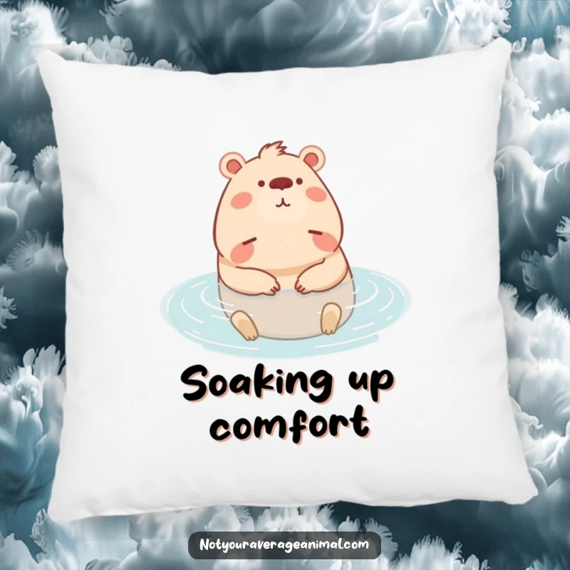 Funny pillow featuring a content capybara character relaxing in water, perfect for cozying up and unwinding.