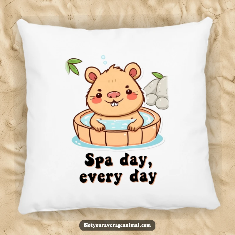 Funny Capybara Pillow featuring a playful capybara character enjoying a hot spring with a blissful smile, perfect for comfort.