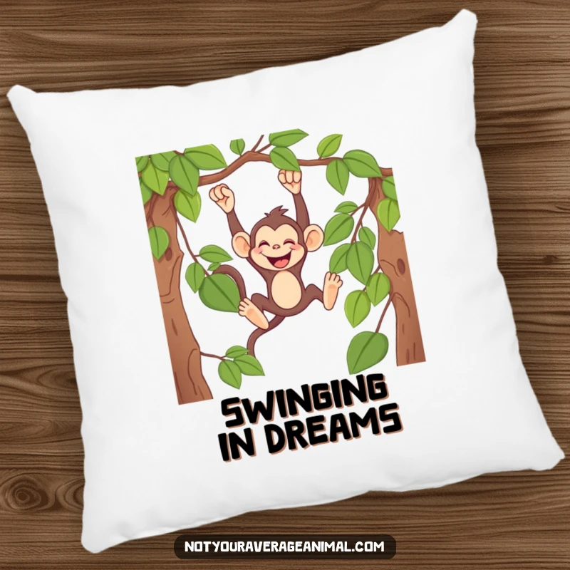 Funny monkey pillow with a mischievous primate swinging from a vine, giggling heartily, offering comfort and playful decor.